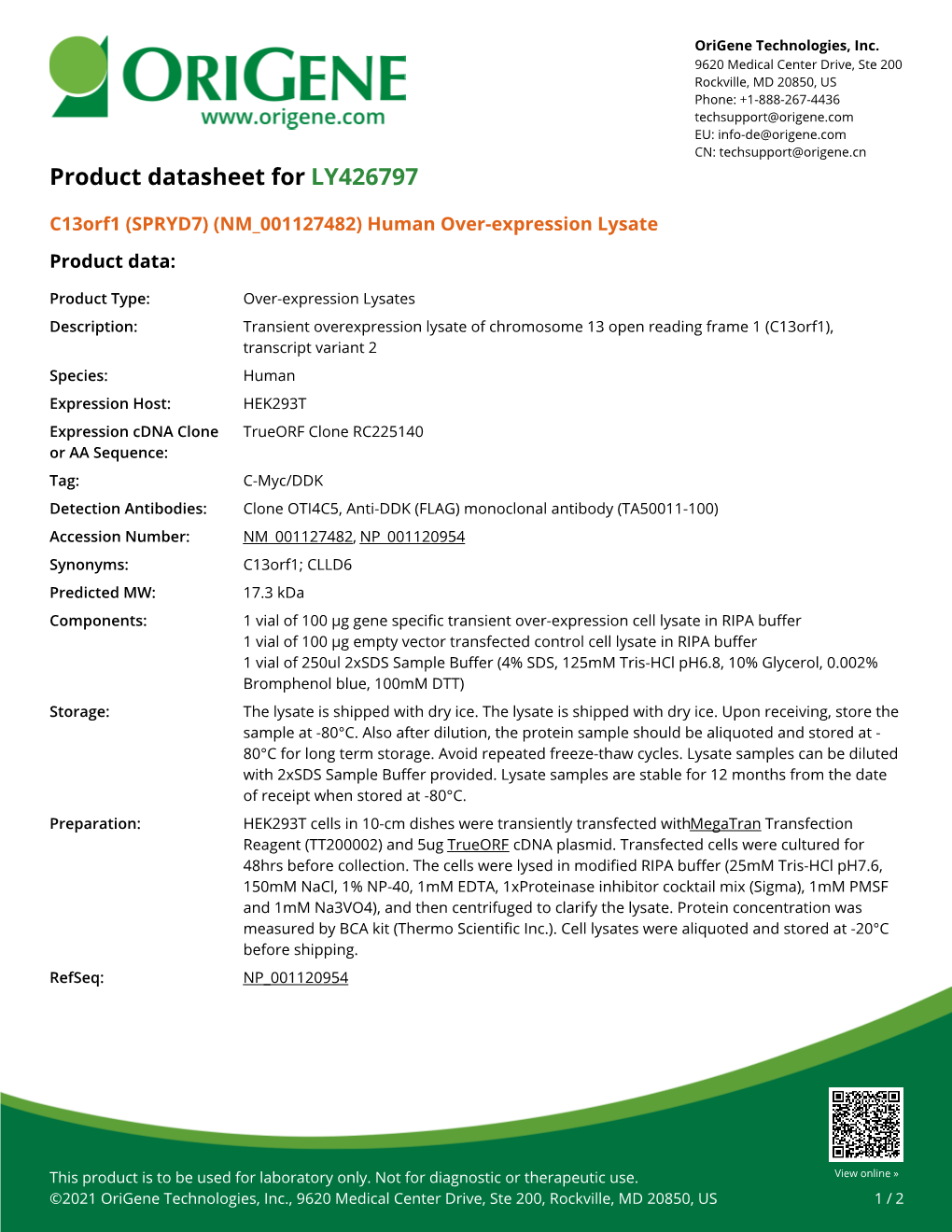 C13orf1 (SPRYD7) (NM 001127482) Human Over-Expression Lysate Product Data