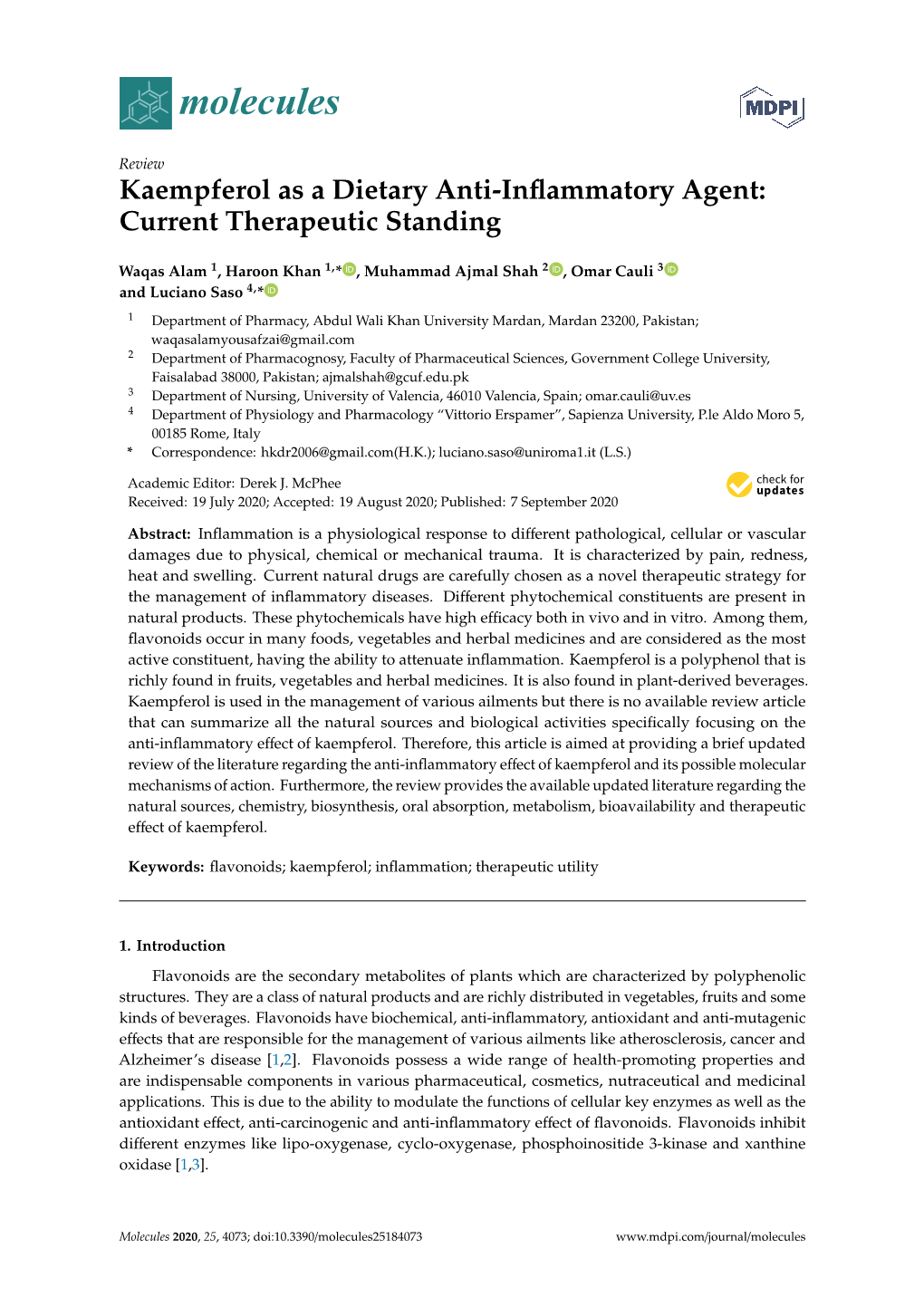 Kaempferol As a Dietary Anti-Inflammatory Agent