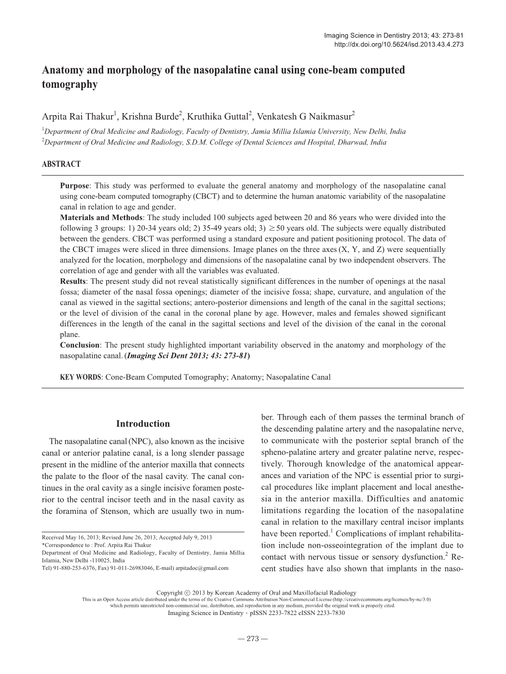 Anatomy and Morphology of the Nasopalatine Canal Using Cone-Beam Computed Tomography