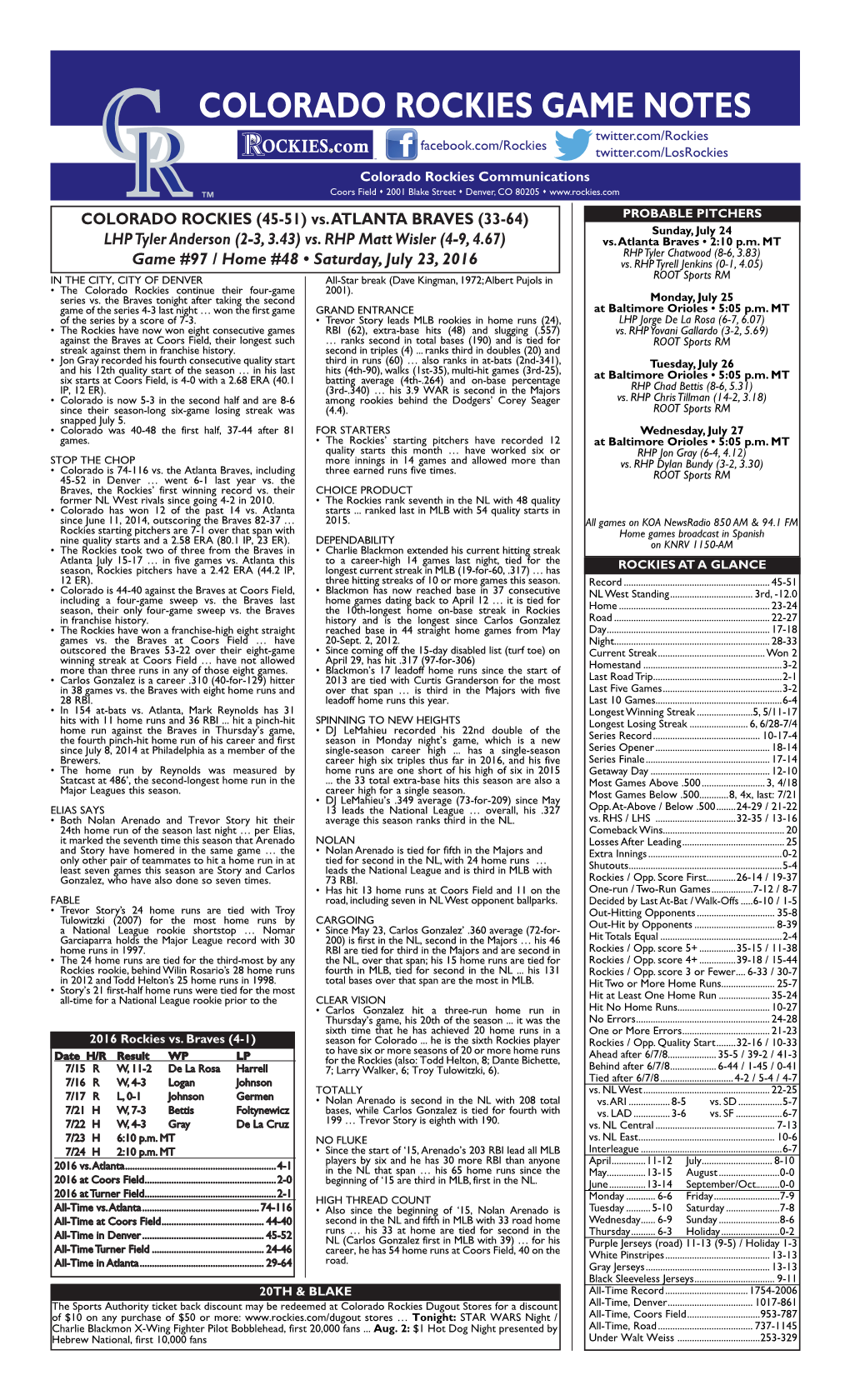 Colorado Rockies Game Notes