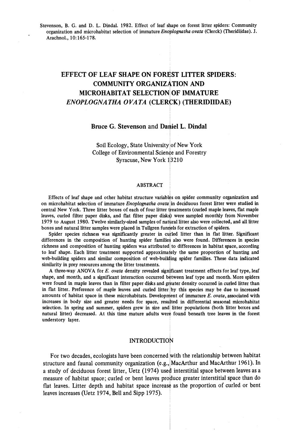 Effect of Leaf Shape on Forest Litter Spiders : Community Organization and Microhabitat Selection of Immature Enoplognatha Ovata (Clerck) (Theridiidae)