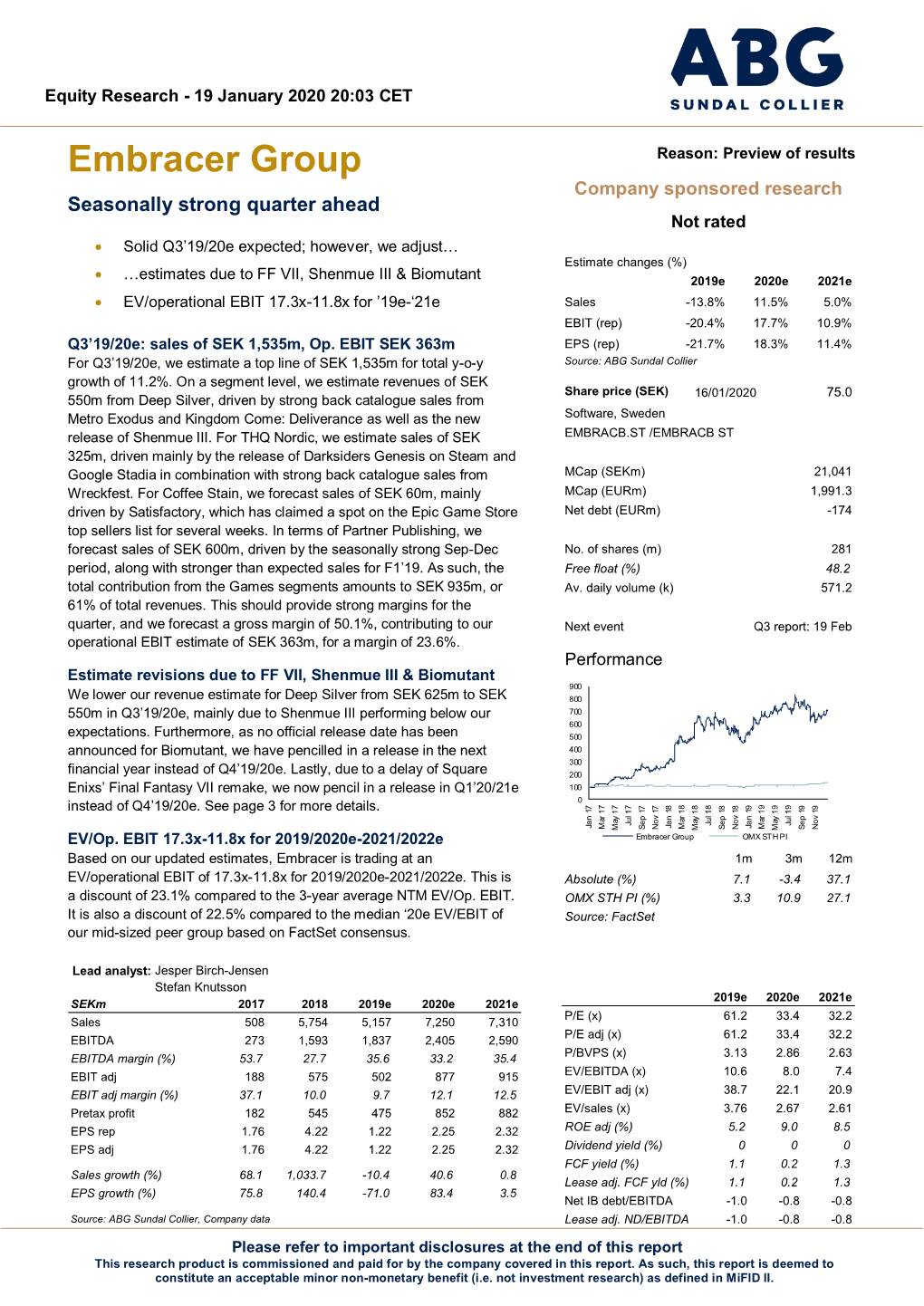 Embracer Group Reason: Preview of Results Company Sponsored Research Seasonally Strong Quarter Ahead Not Rated