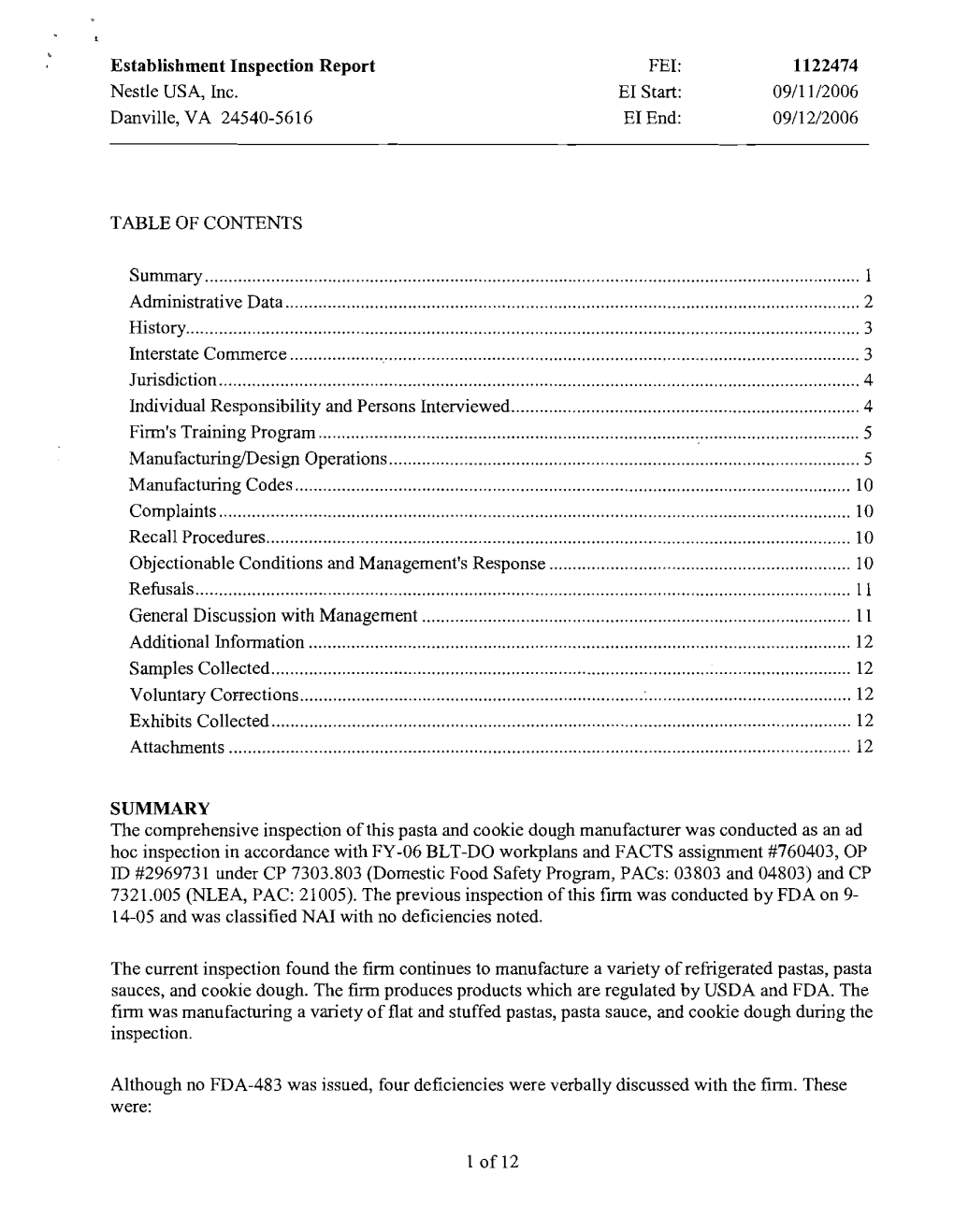 Establishment Inspection Report Fer: 1122474 Nestle USA, Inc. EI Start: 09/11/2006 Danviiie, VA 24540-5616 Eiend: 09/1212006