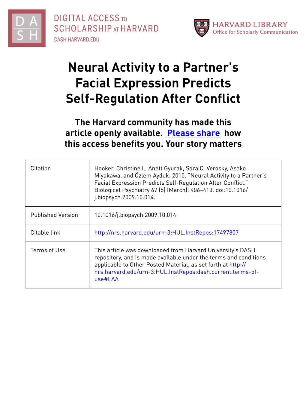 Neural Activity to a Partner's Facial Expression Predicts Self-Regulation After Conflict
