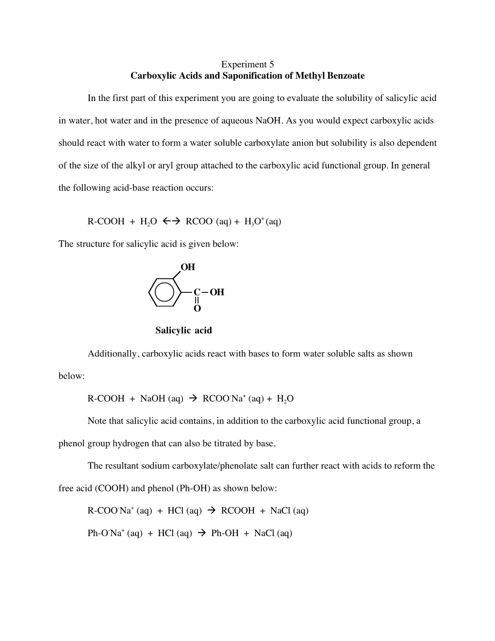 Experiment 5 Carboxylic Acids and Saponification of Methyl Benzoate