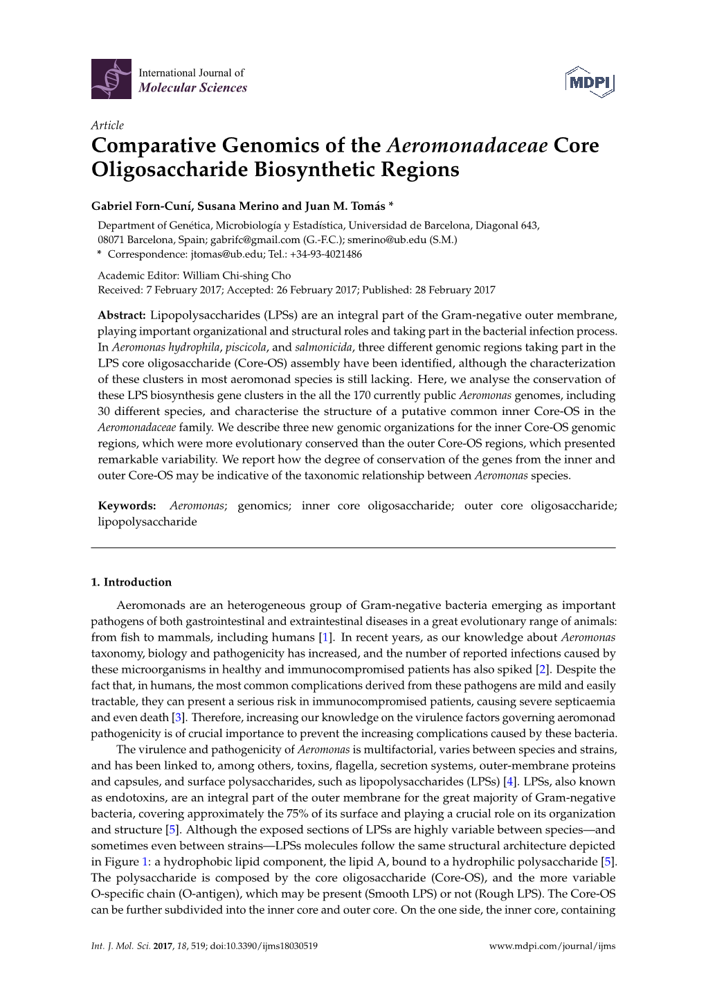 Comparative Genomics of the Aeromonadaceae Core Oligosaccharide Biosynthetic Regions
