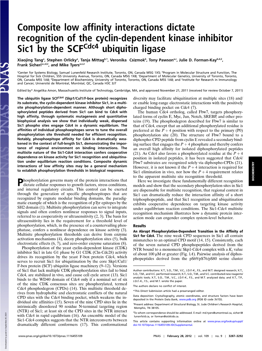 Composite Low Affinity Interactions Dictate Recognition of the Cyclin-Dependent Kinase Inhibitor Sic1 by the Scfcdc4 Ubiquitin Ligase