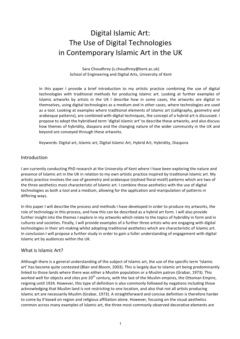 The Use of Digital Technologies in Contemporary Islamic Art in the UK