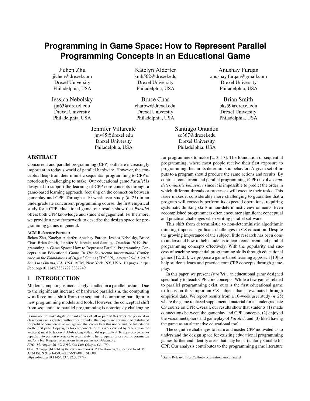Programming in Game Space: How to Represent Parallel Programming Concepts in an Educational Game