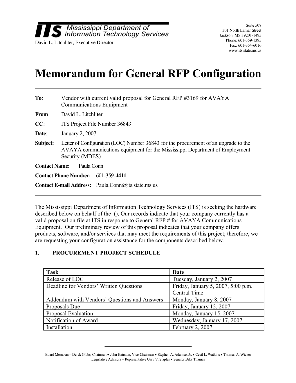 Memorandum for General RFP Configuration s13