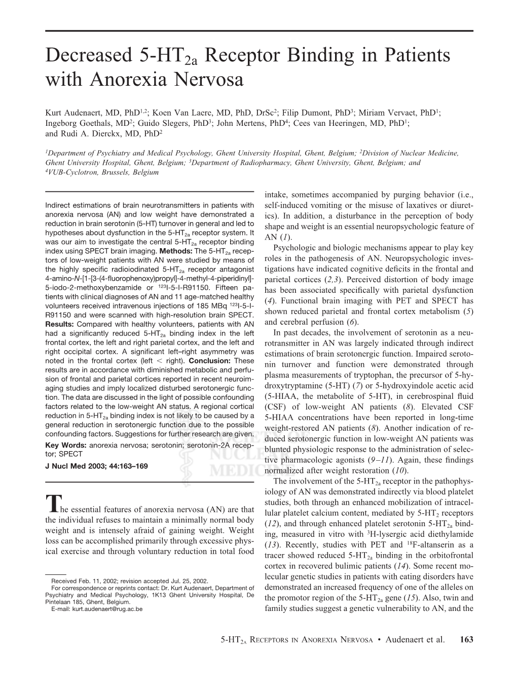 Decreased 5-Ht2a Receptor Binding in Patients with Anorexia Nervosa