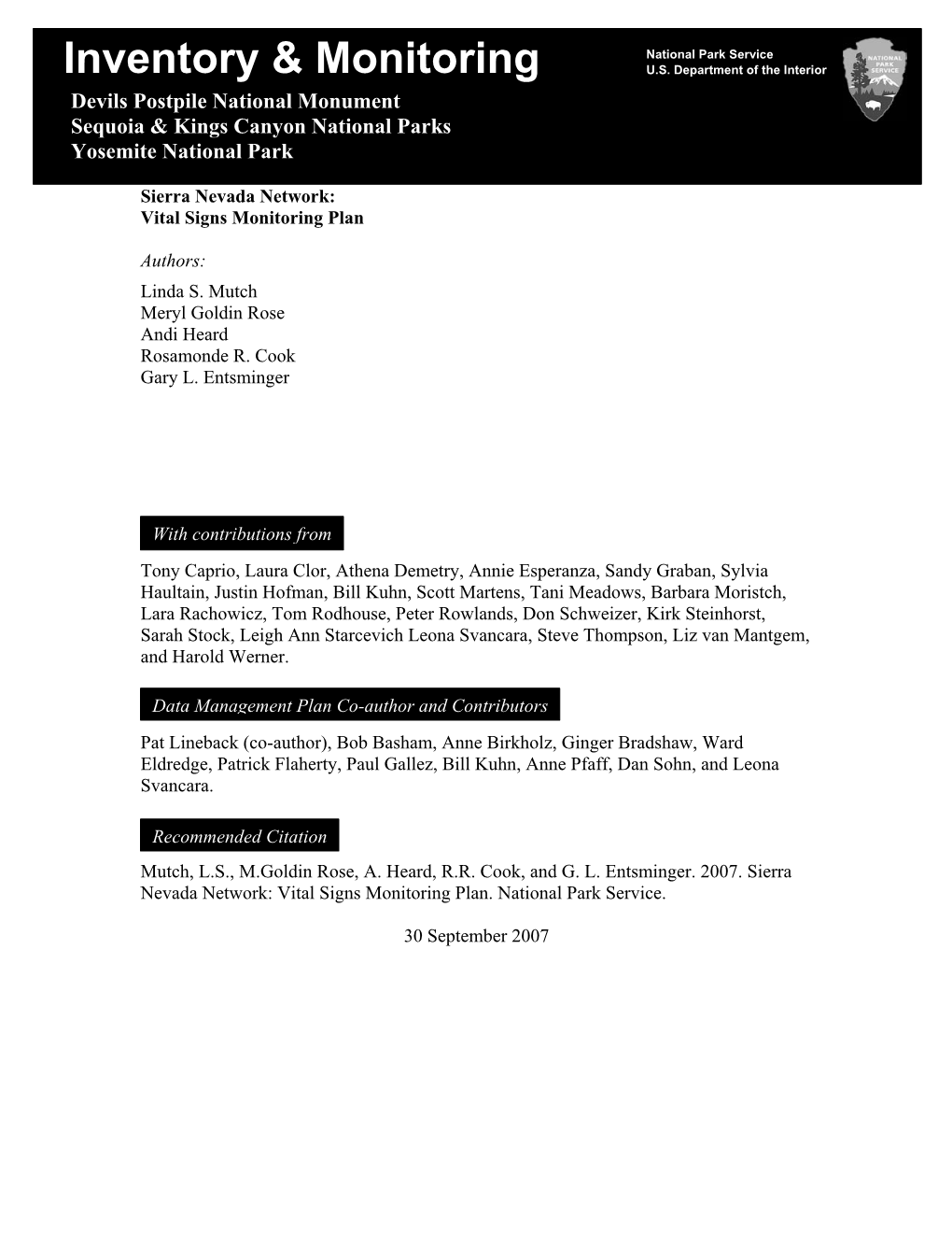 NPS Sierra Nevada Network, Vital Signs Monitoring Plan 2007.Pdf