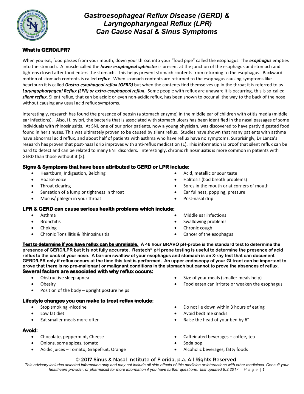 (GERD) & Laryngopharyngeal Reflux (LPR) and Nasal & Sinus Symptoms
