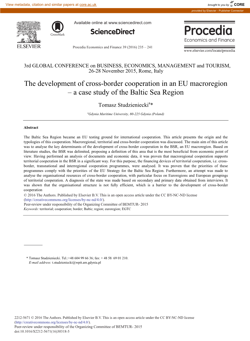 The Development of Cross-Border Cooperation in an EU Macroregion – a Case Study of the Baltic Sea Region