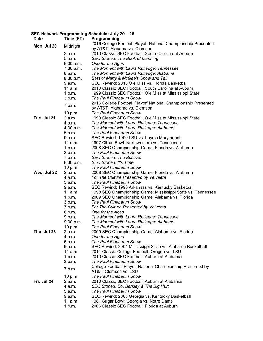 SEC Network Programming Schedule