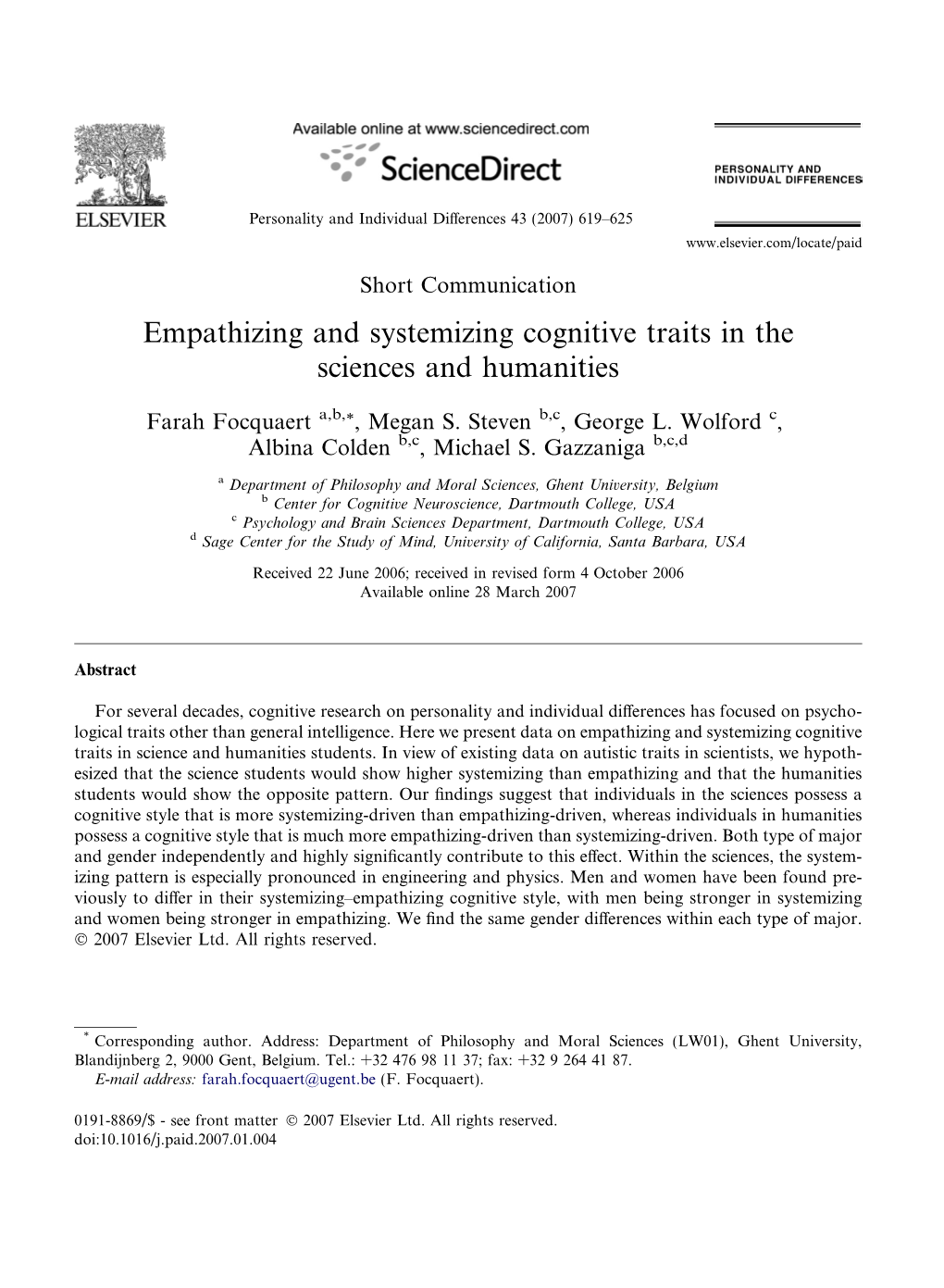 Empathizing and Systemizing Cognitive Traits in the Sciences and Humanities