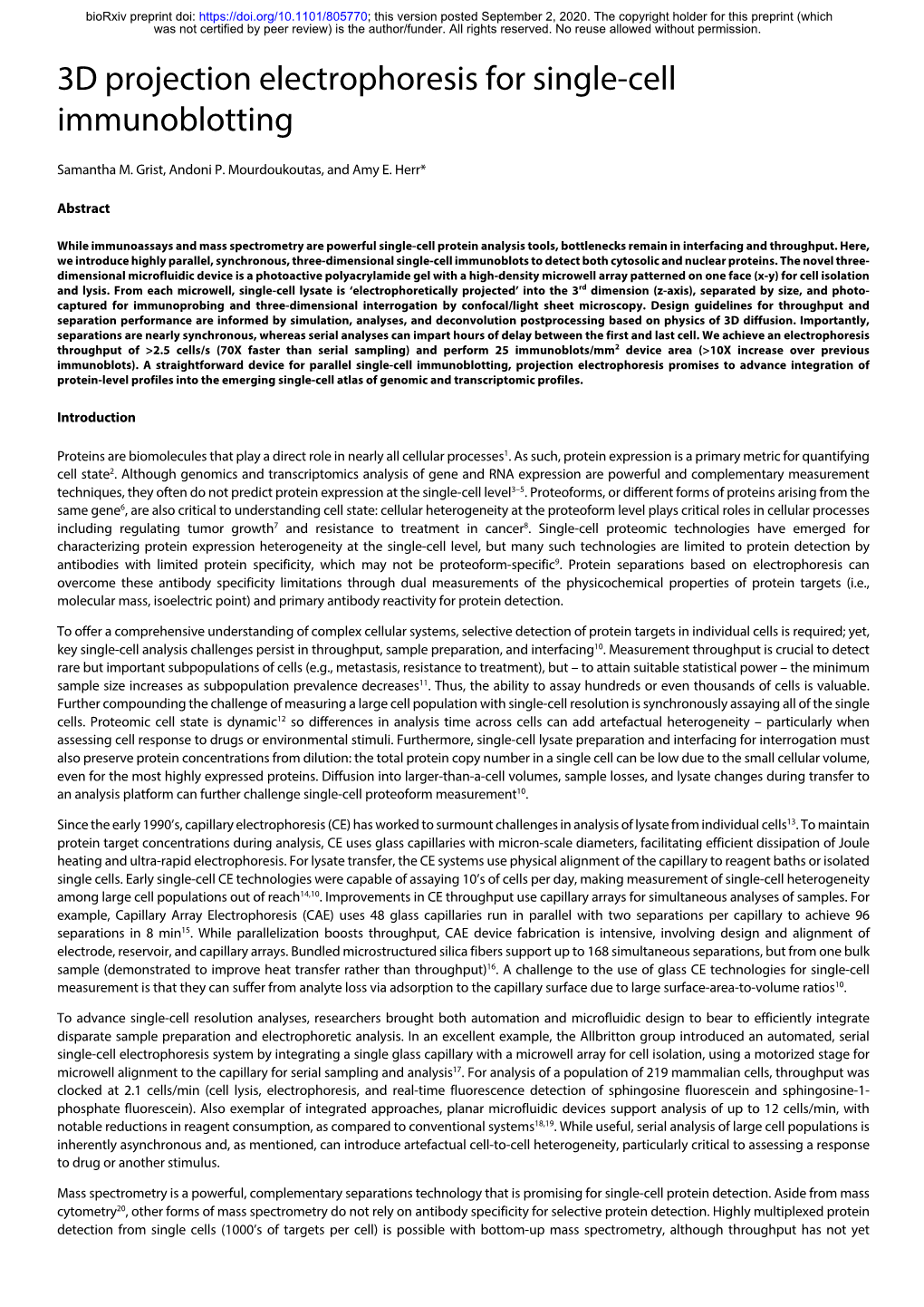 3D Projection Electrophoresis for Single-Cell Immunoblotting