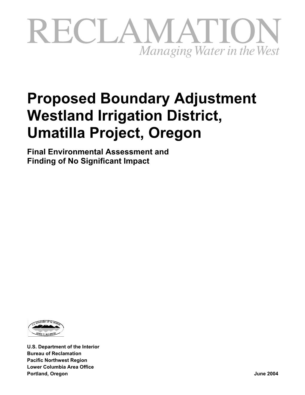 Proposed Boundary Adjustment for Westland Irrigation District FONSI