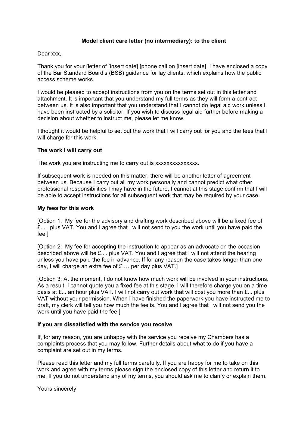 Model Client Care Letter: To The Client