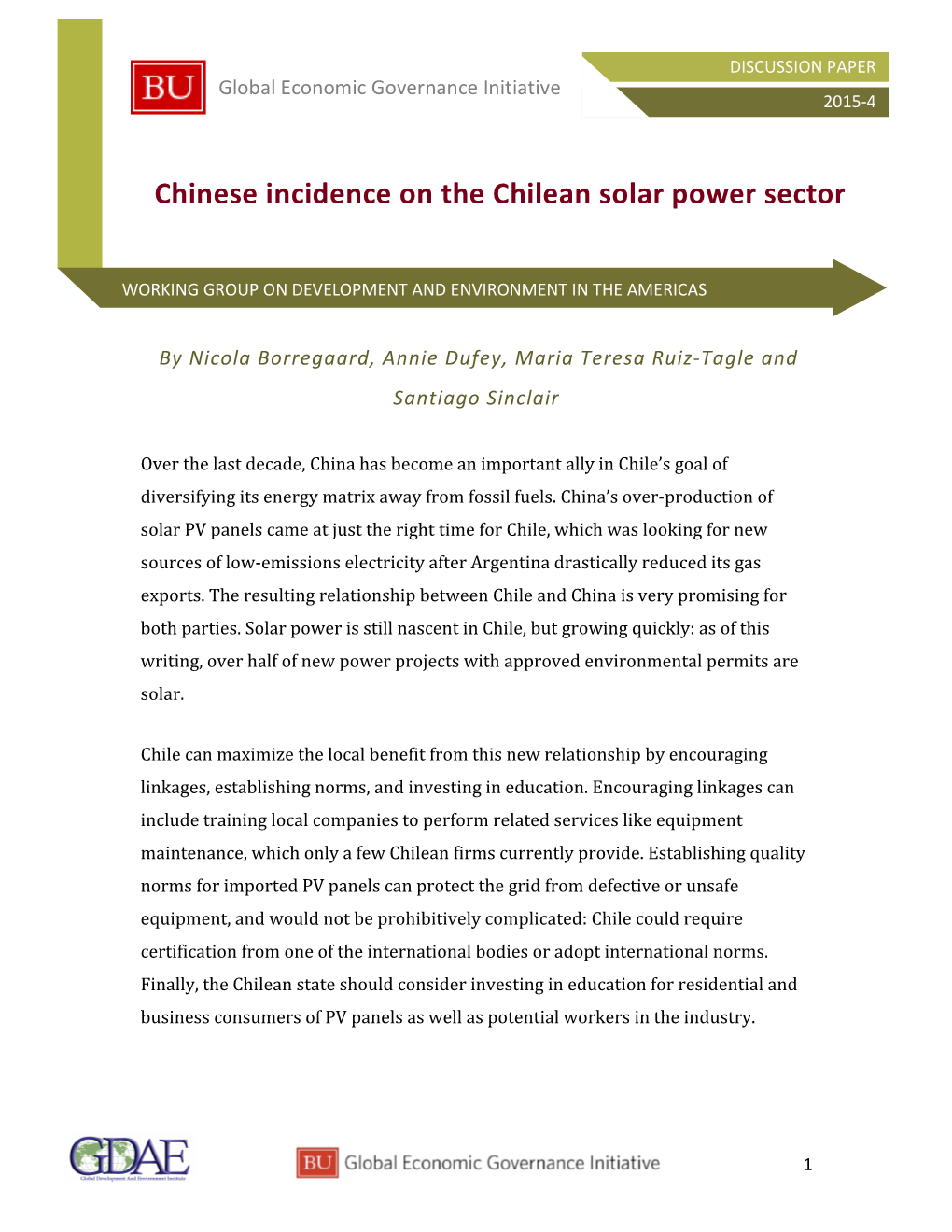 Chinese Incidence on the Chilean Solar Power Sector