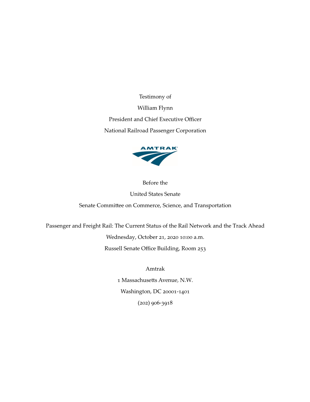 10.21.2020 Flynn Amtrak Testimony.Pdf