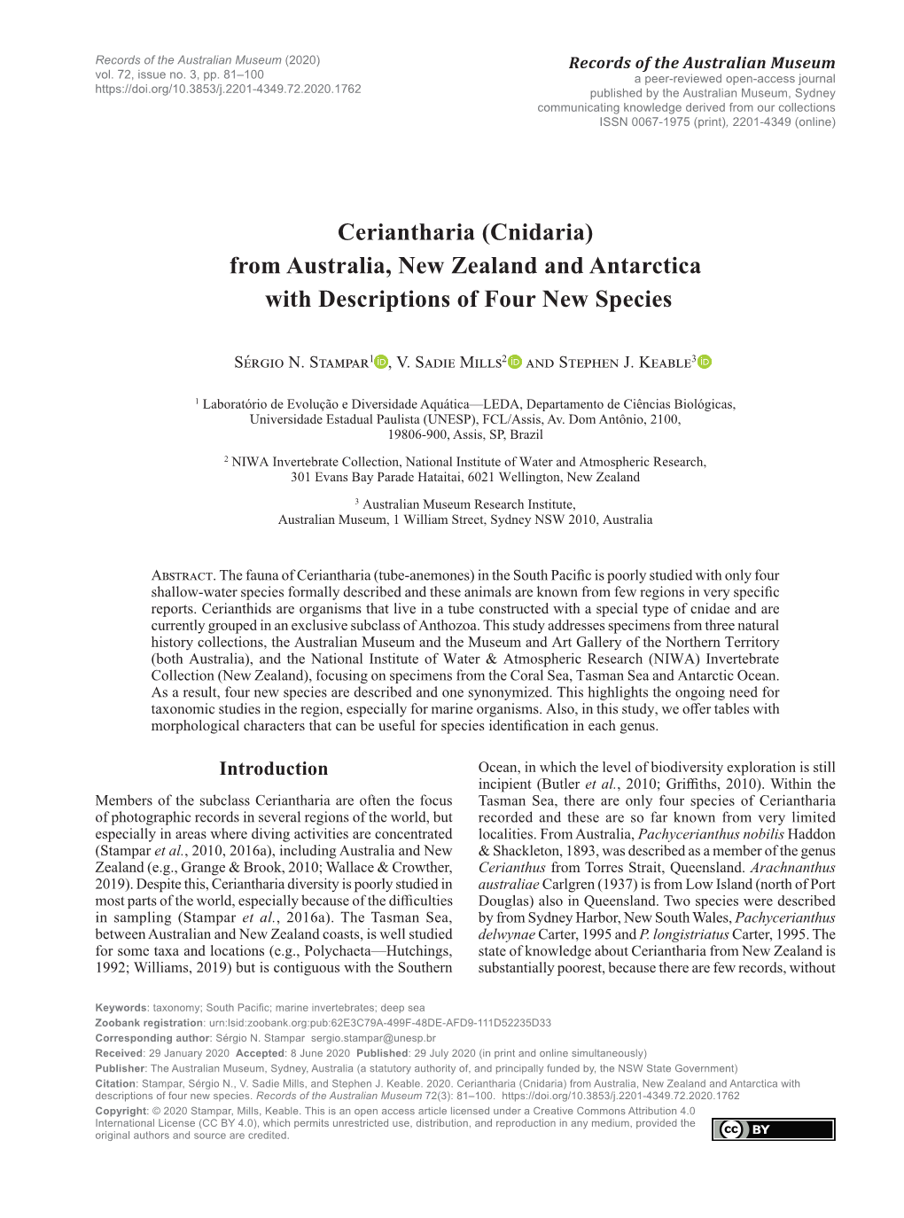 Ceriantharia (Cnidaria) from Australia, New Zealand and Antarctica with Descriptions of Four New Species