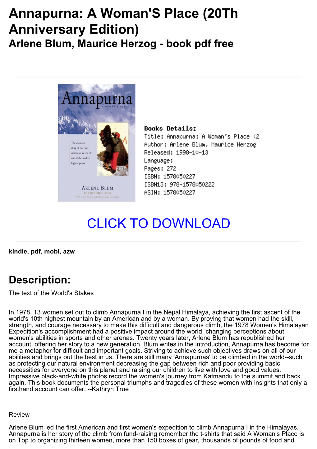 68E0341 Annapurna: a Woman's Place (20Th Anniversary Edition