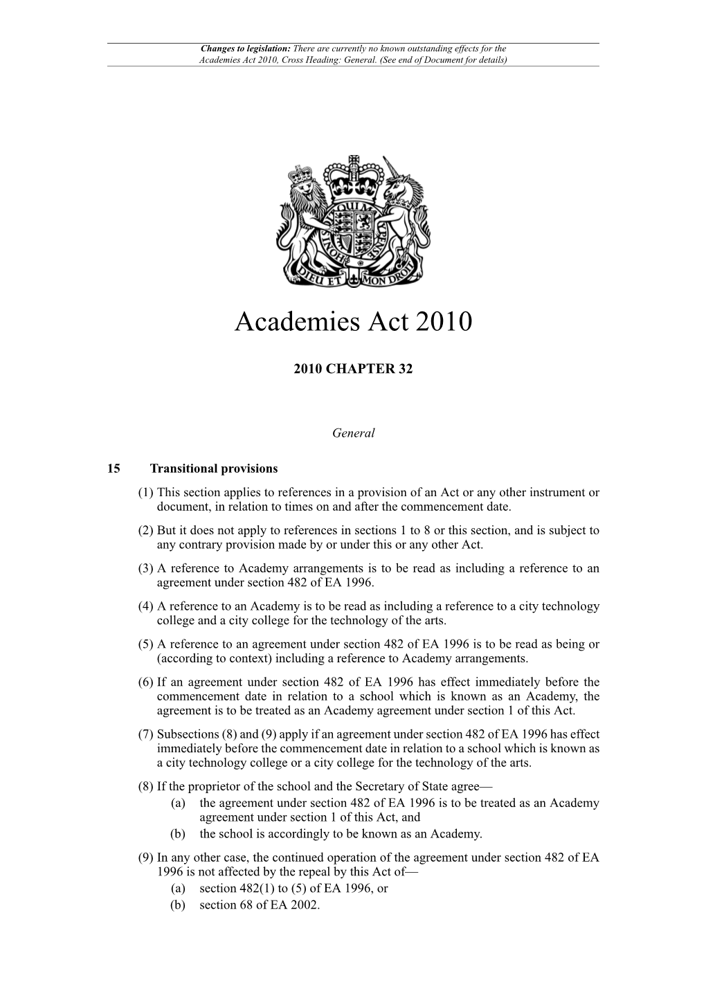 Academies Act 2010, Cross Heading: General