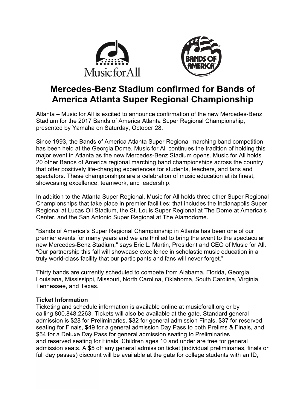 Mercedes-Benz Stadium Confirmed for Bands of America Atlanta Super Regional Championship