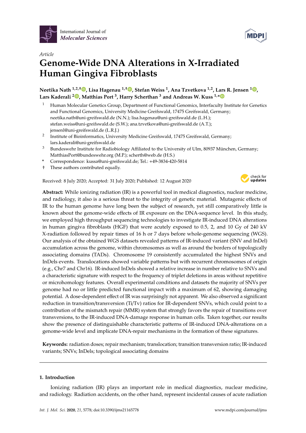 Genome-Wide DNA Alterations in X-Irradiated Human Gingiva Fibroblasts