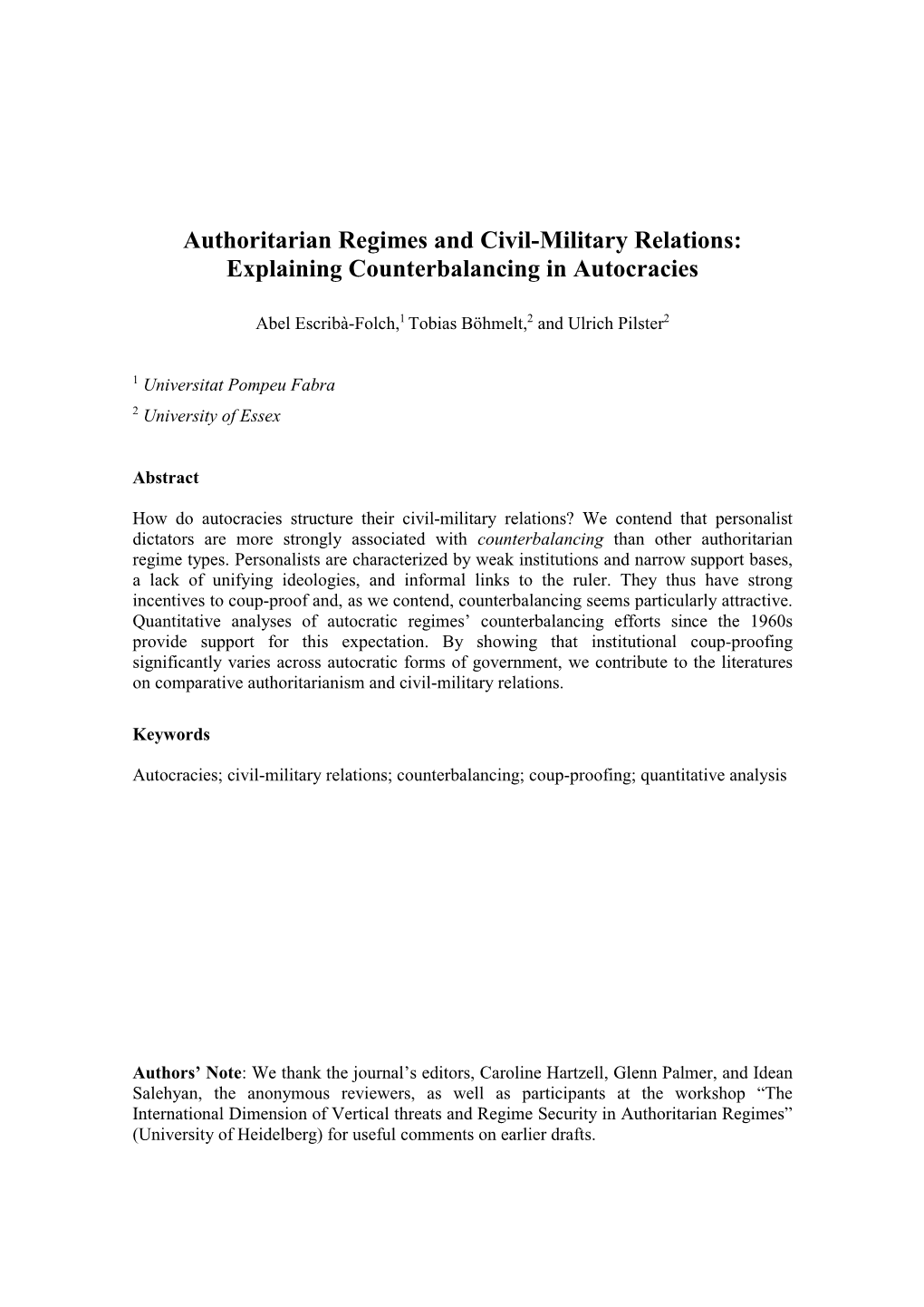 Authoritarian Regimes and Civil-Military Relations: Explaining Counterbalancing in Autocracies