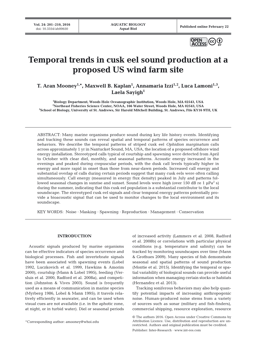 Temporal Trends in Cusk Eel Sound Production at a Proposed US Wind Farm Site