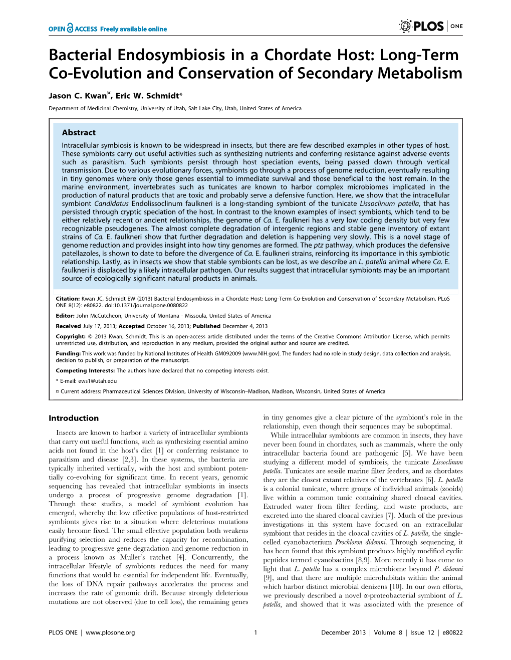 Bacterial Endosymbiosis in a Chordate Host: Long-Term Co-Evolution and Conservation of Secondary Metabolism