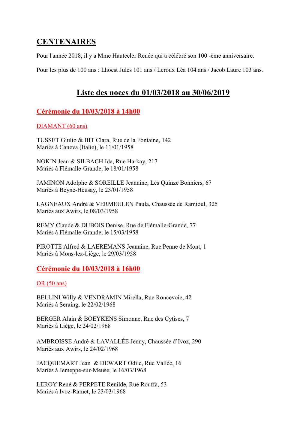 CENTENAIRES Liste Des Noces Du 01/03/2018 Au 30/06/2019