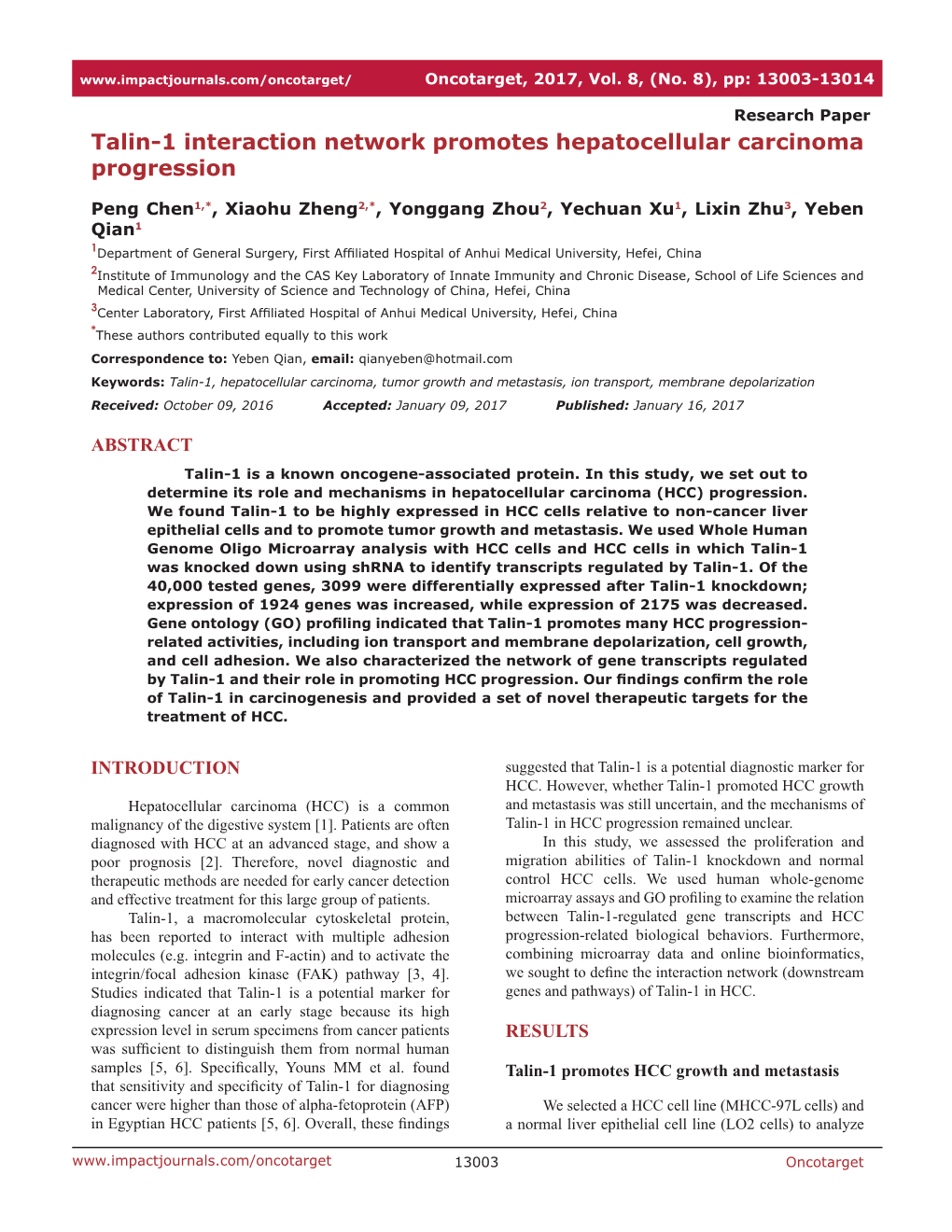 Talin-1 Interaction Network Promotes Hepatocellular Carcinoma Progression