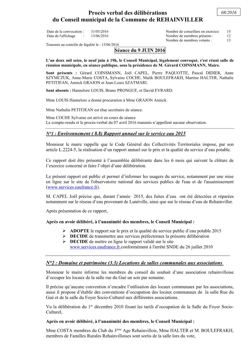 Procès Verbal Des Délibérations Du Conseil Municipal De La Commune De REHAINVILLER