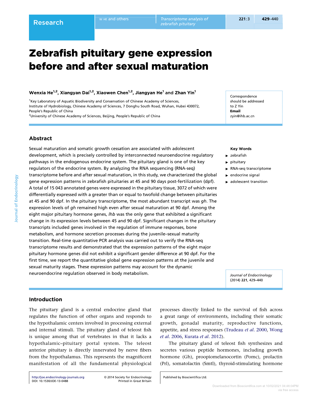 Zebrafish Pituitary Gene Expression Before and After Sexual Maturation