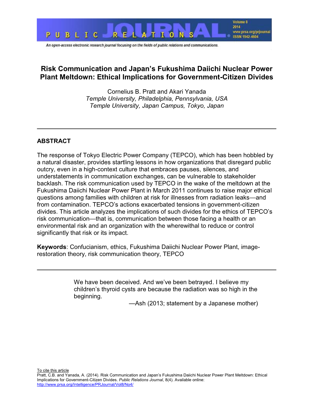 Risk Communication and Japan's Fukushima Daiichi Nuclear Power