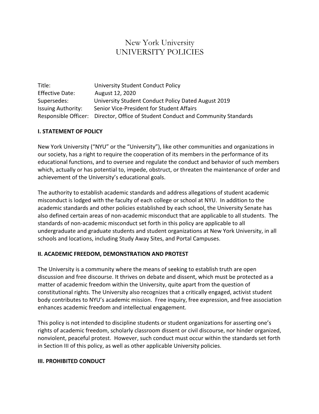 New York University Student Conduct Policy