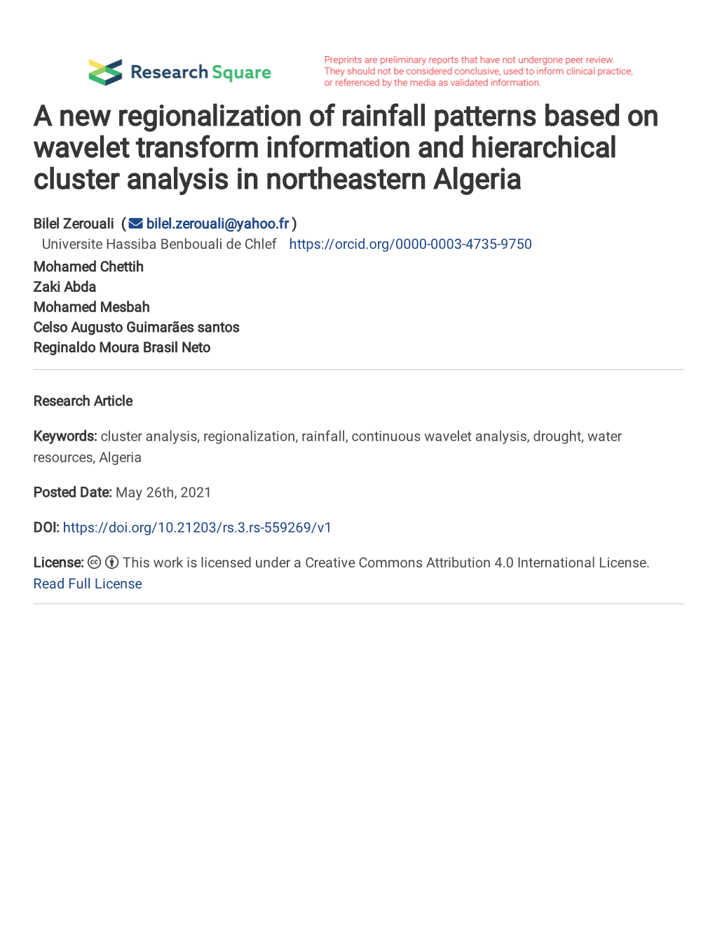 A New Regionalization of Rainfall Patterns Based on Wavelet Transform Information and Hierarchical Cluster Analysis in Northeastern Algeria