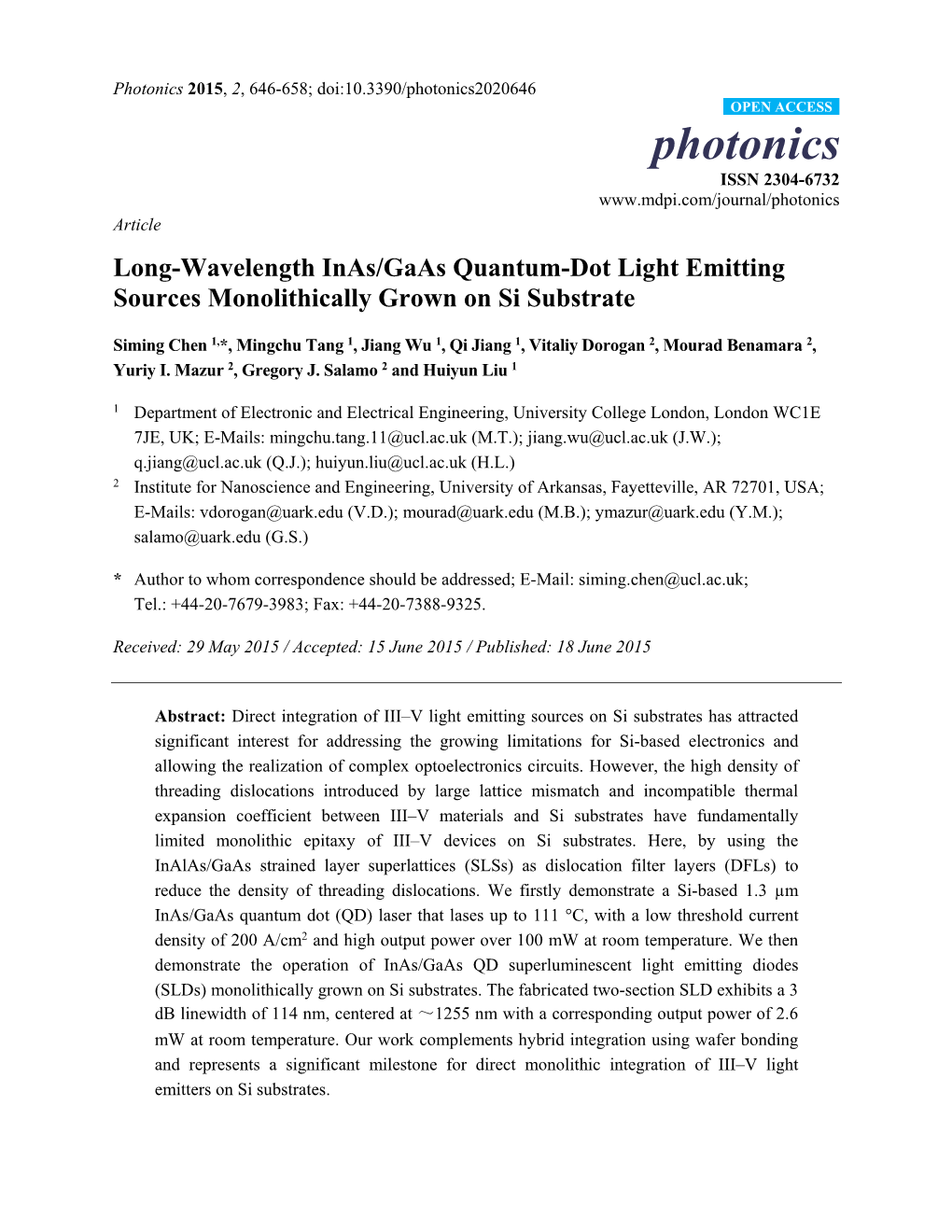 Long-Wavelength Inas/Gaas Quantum-Dot Light Emitting Sources Monolithically Grown on Si Substrate