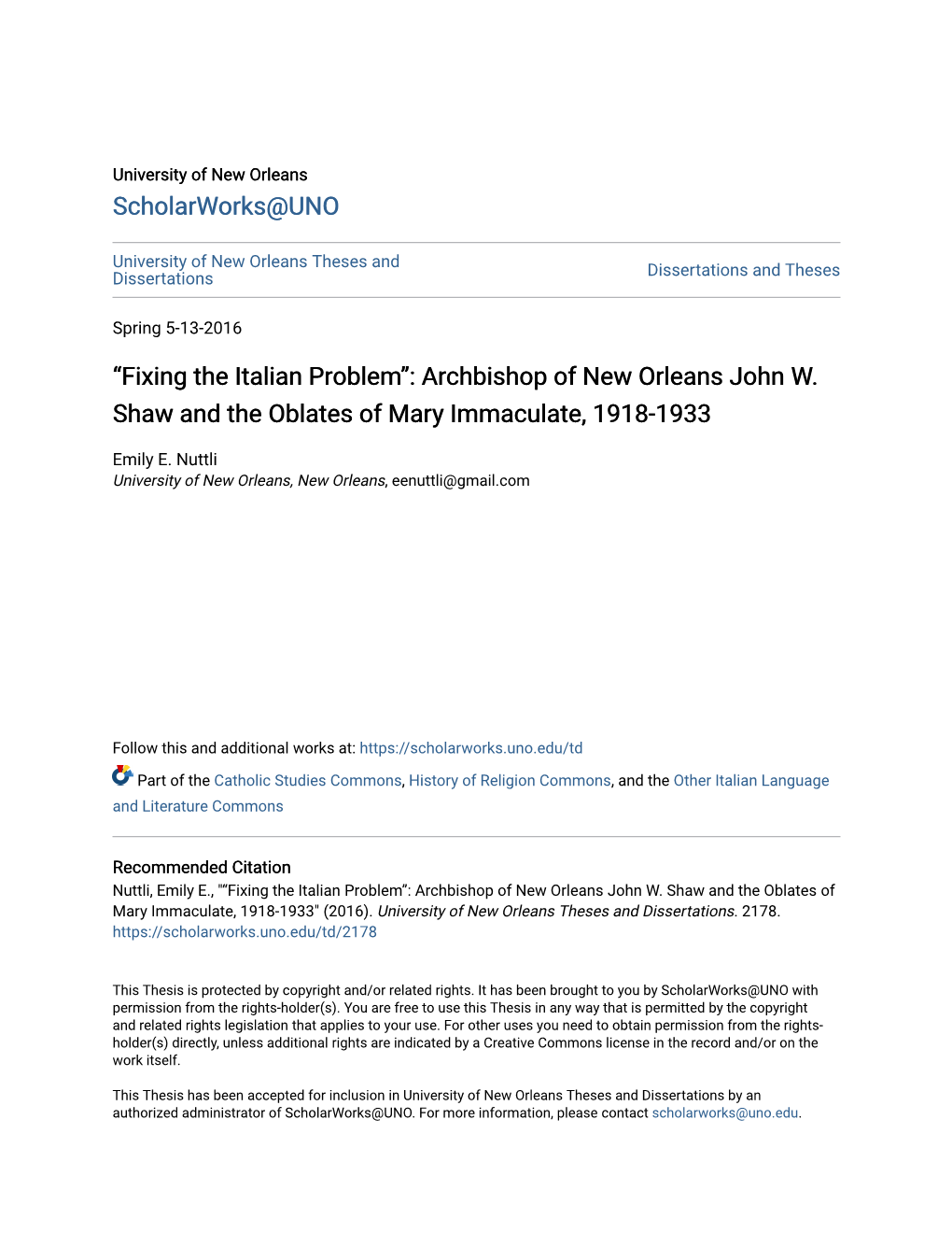 Archbishop of New Orleans John W. Shaw and the Oblates of Mary Immaculate, 1918-1933