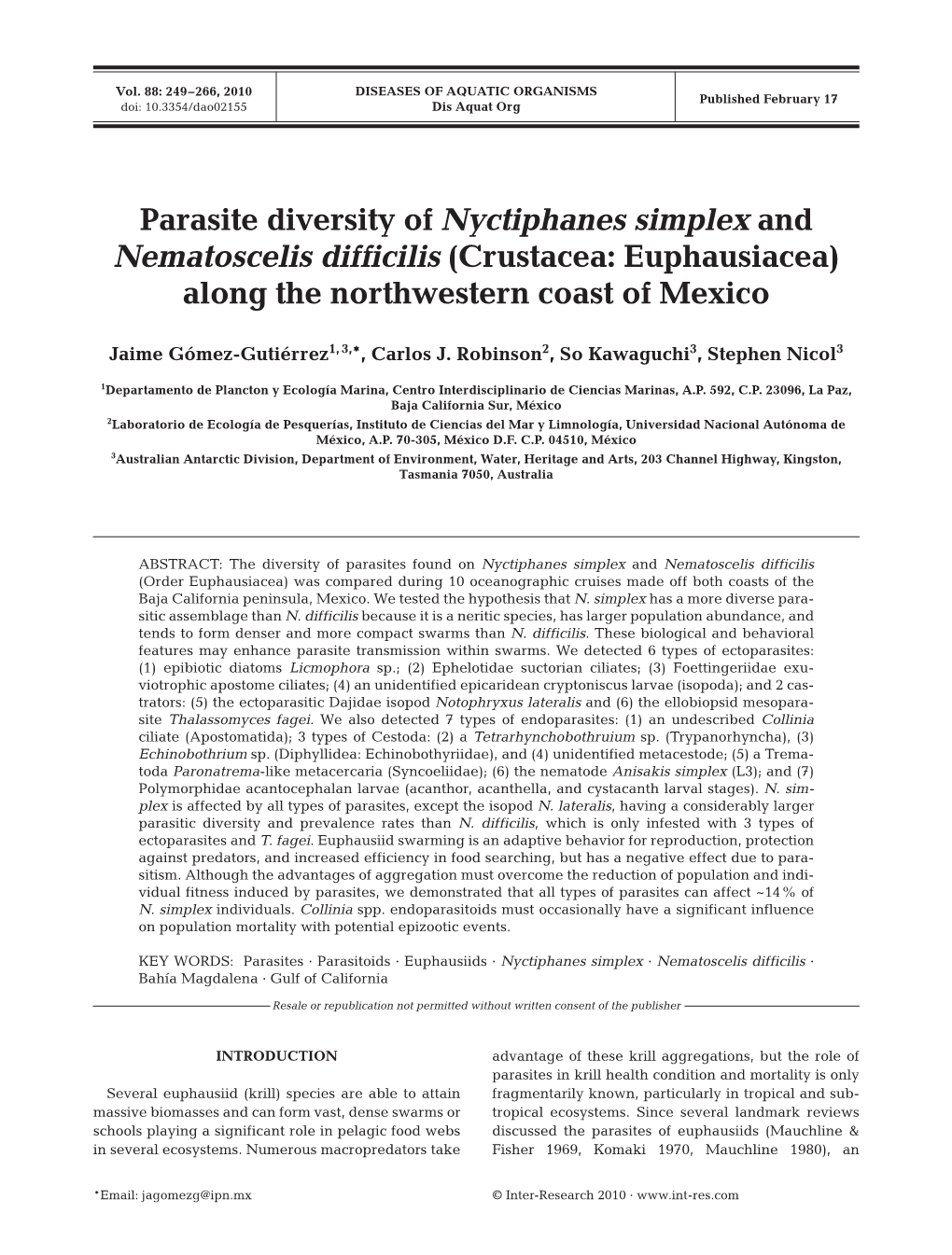 Parasite Diversity of Nyctiphanes Simplex and Nematoscelis Difficilis (Crustacea: Euphausiacea) Along the Northwestern Coast of Mexico