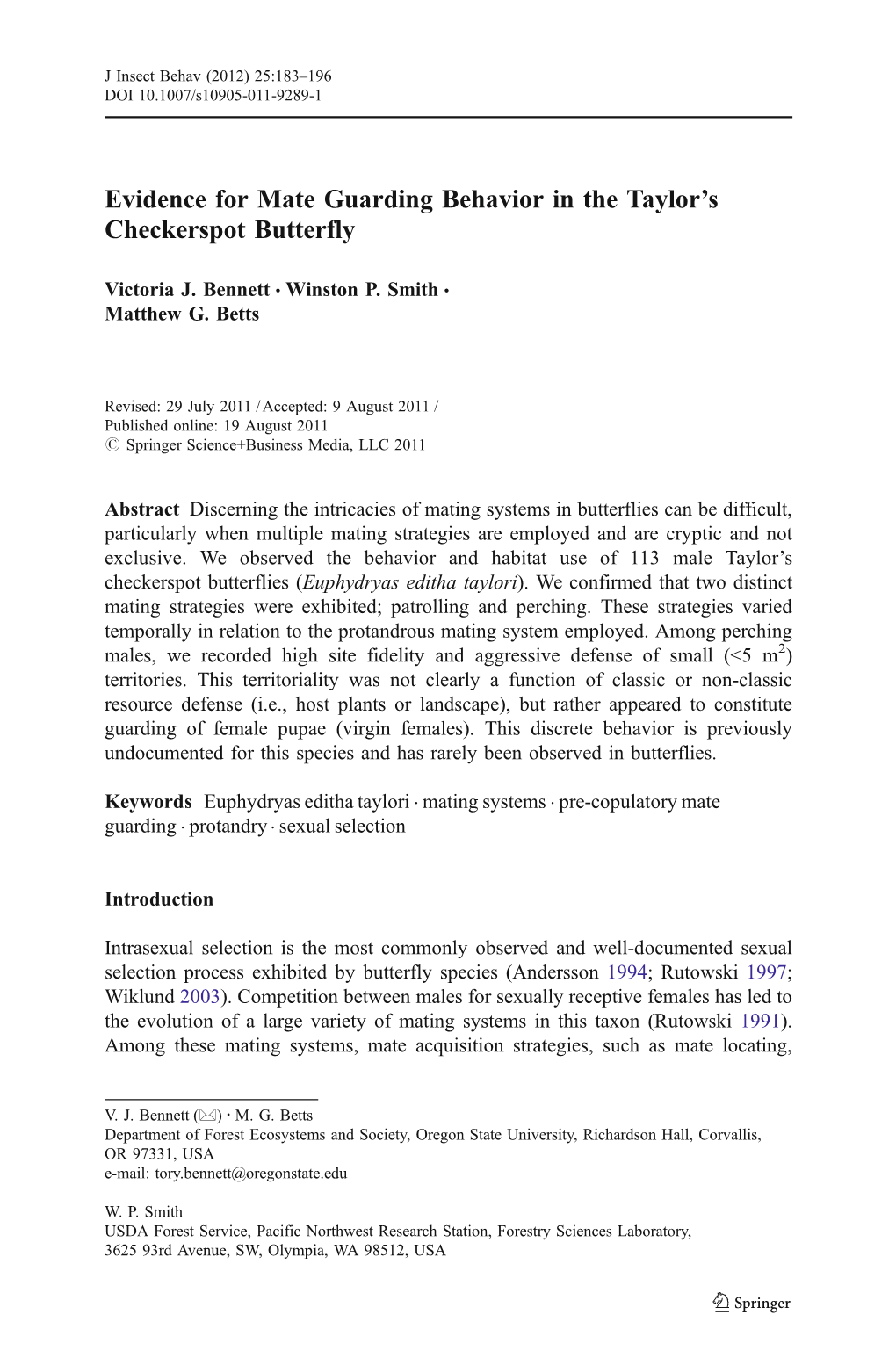 Evidence for Mate Guarding Behavior in the Taylor's Checkerspot Butterfly