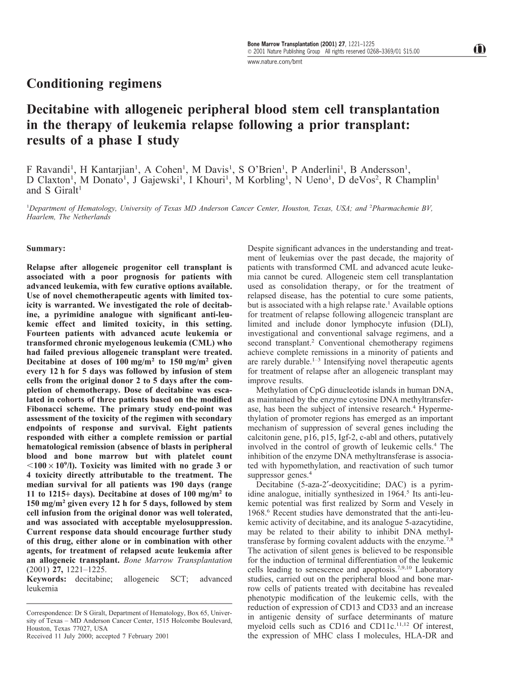 Conditioning Regimens Decitabine with Allogeneic Peripheral Blood