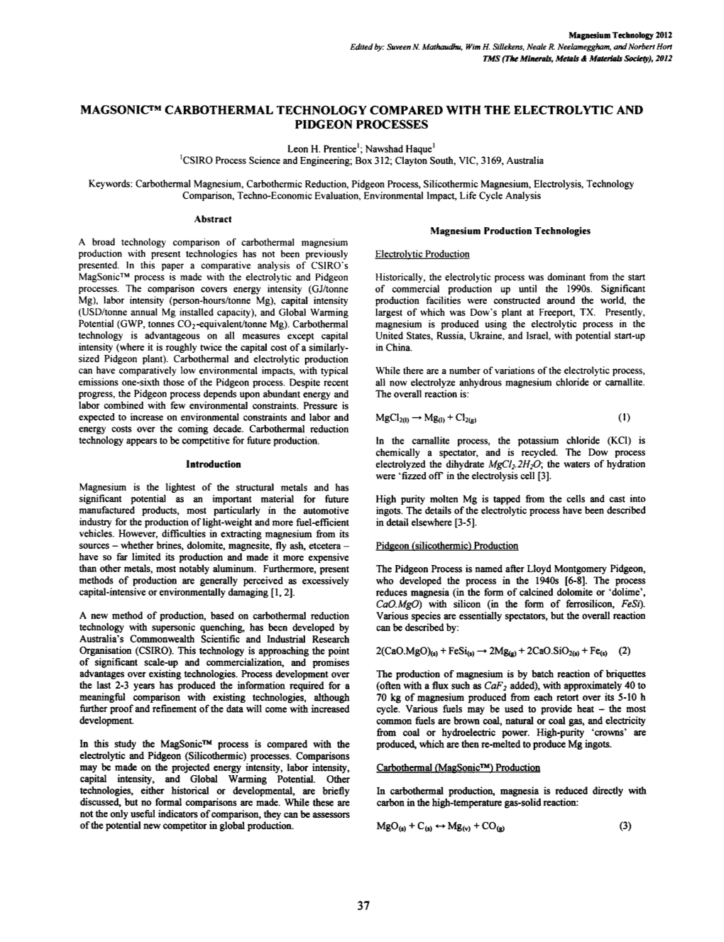 Magsonic™ Carbothermal Technology Compared with the Electrolytic and Pidgeon Processes