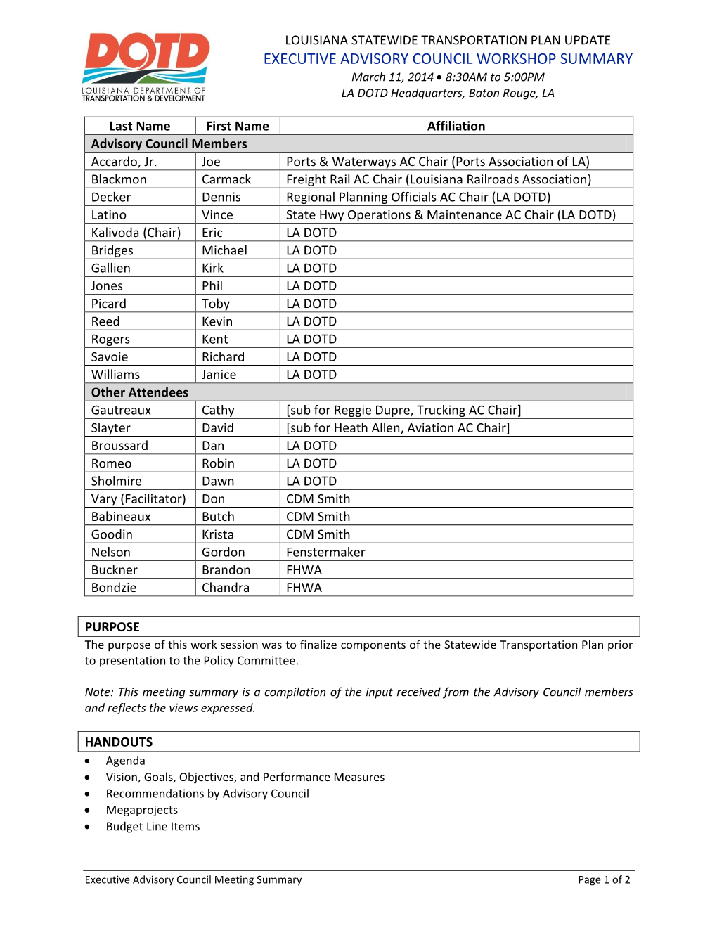 Executive AC Workshop Meeting Summary and Handouts