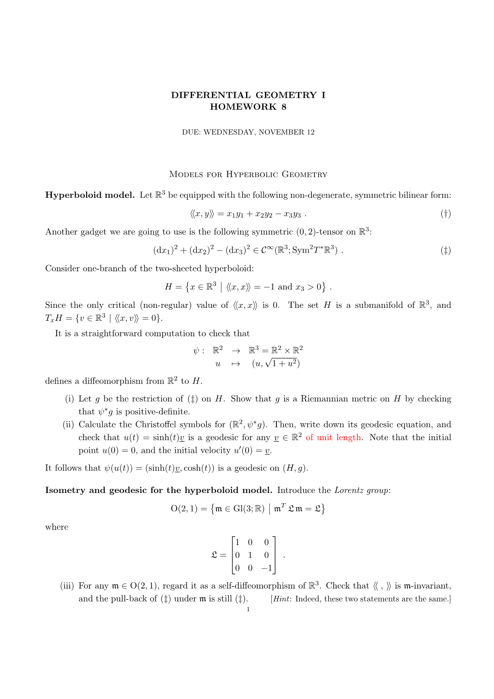 DIFFERENTIAL GEOMETRY I HOMEWORK 8 Models For