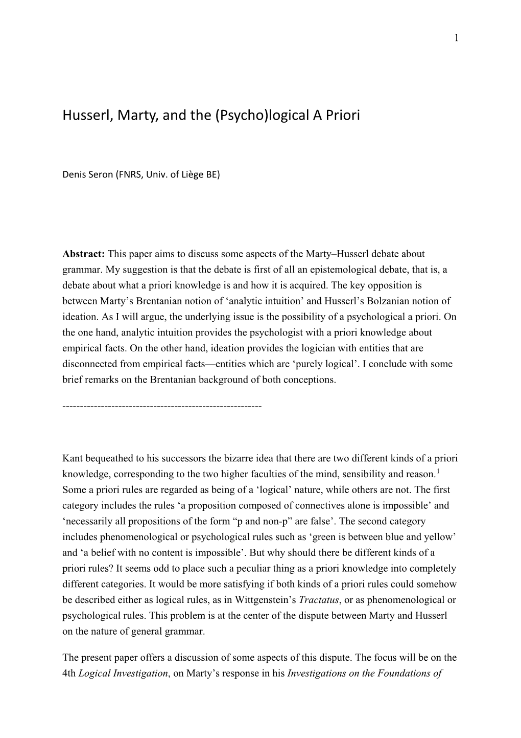 Husserl, Marty, and the (Psycho)Logical a Priori