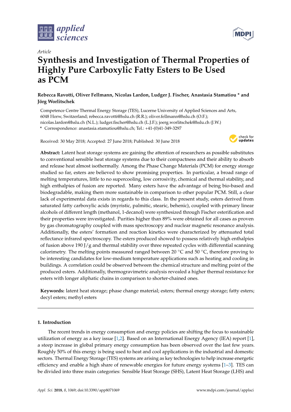 Synthesis and Investigation of Thermal Properties of Highly Pure Carboxylic Fatty Esters to Be Used As PCM